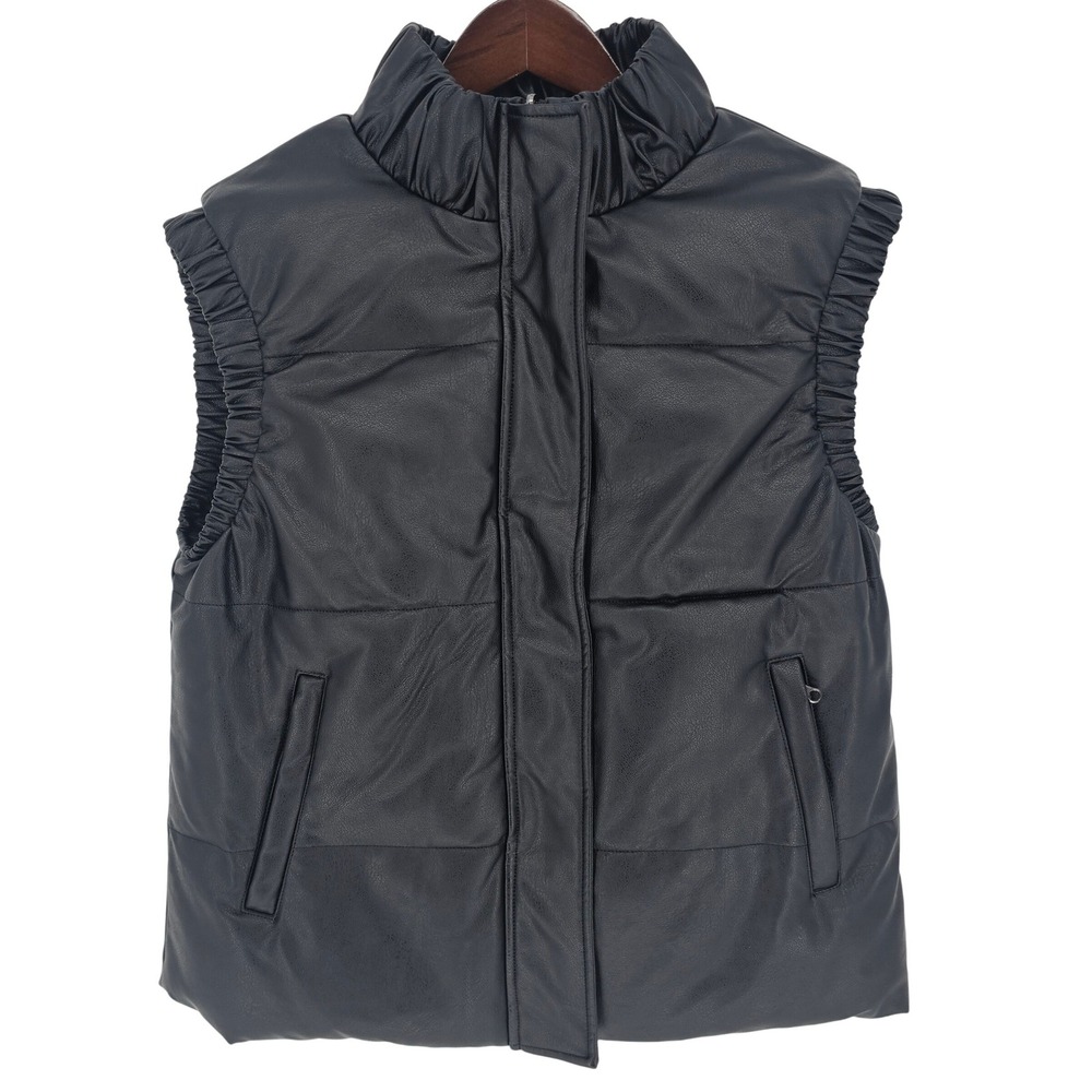 UNREAL FUR Cruising Puffer Vest Womens Small Black Faux Leather Minimalist NEW
